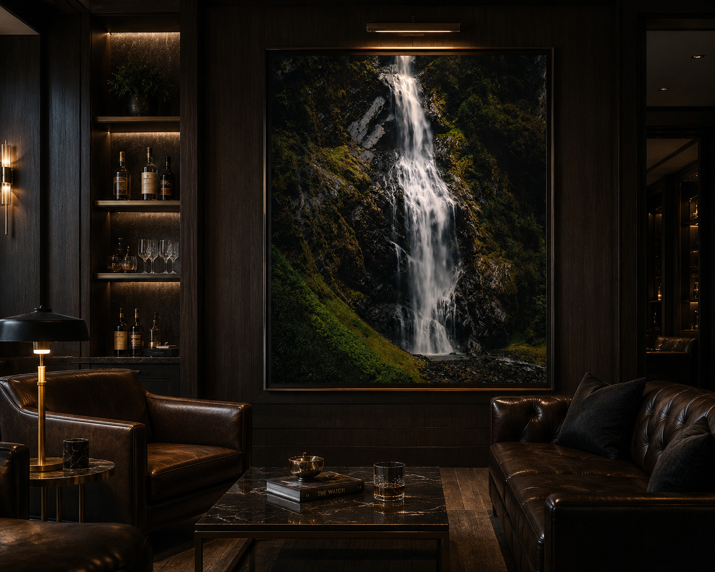 Moody hospitality lounge with large vertical waterfall fine art photography by Dan Sproul